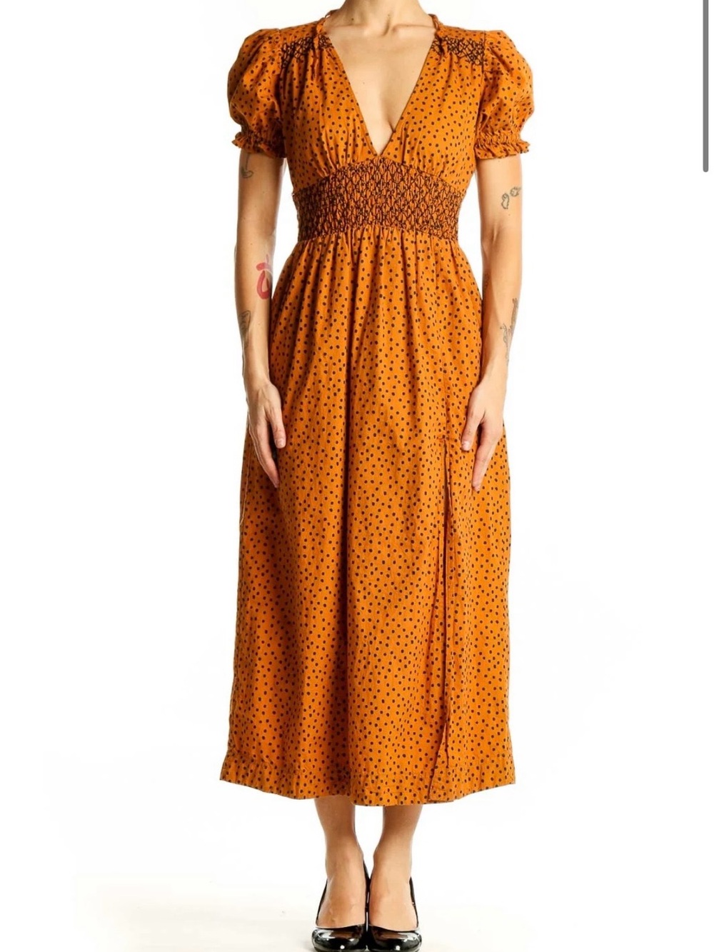 Urban Outfitters Rust Orange Polka Dot Smocked Midi Dress